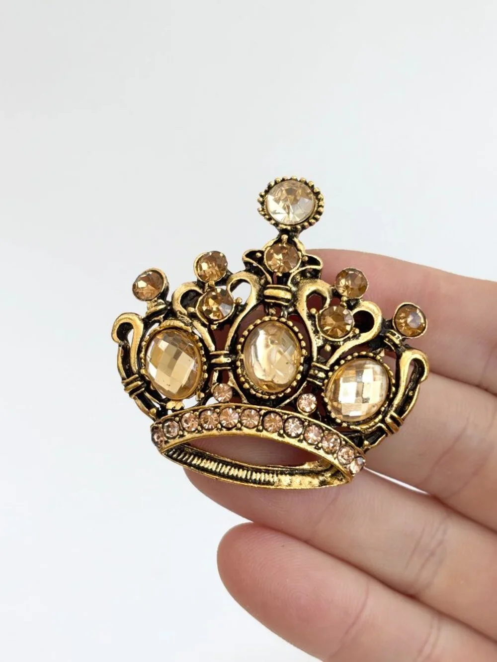 Crown Shaped Champagne Rhinestone Gold Toned Vintage Inspired Brooch | Pin
